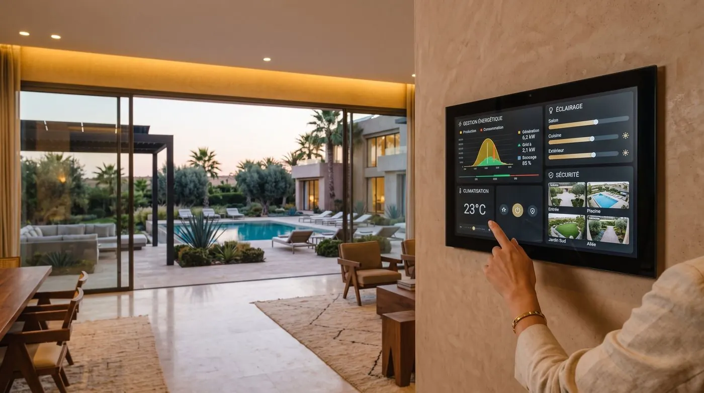 Écran domotique mural affichant la production solaire, l'éclairage, la climatisation et les caméras