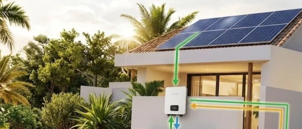 Maison entourée de palmiers avec panneaux solaires et onduleur autonome