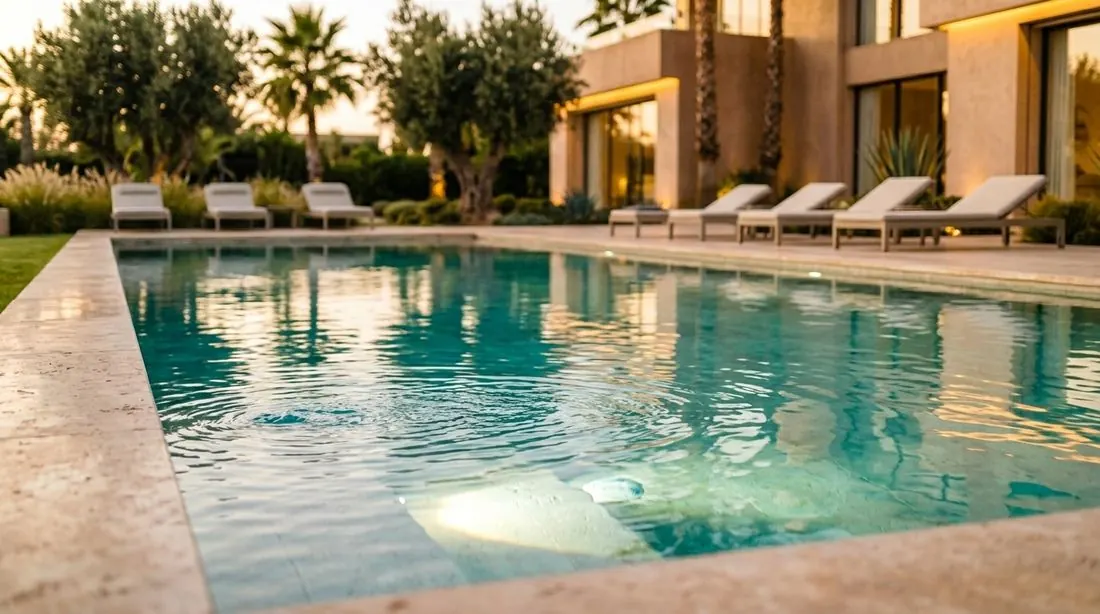 Piscine d'une villa au coucher du soleil
