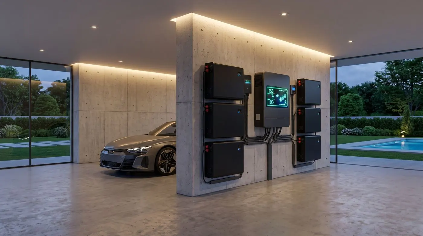 Batteries de stockage et onduleur hybride fixés au mur d'un garage
