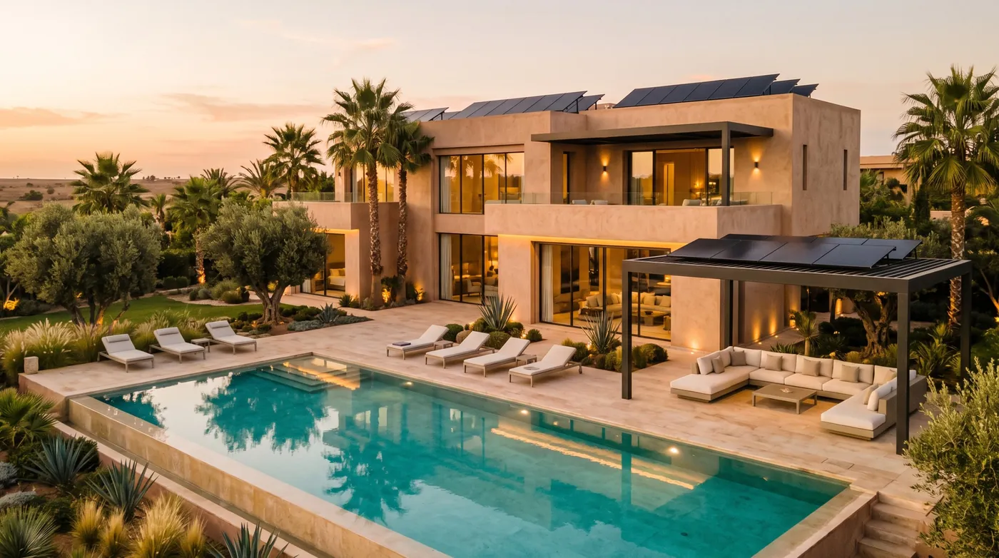 Villa avec piscine au coucher du soleil, panneaux solaires sur le toit et sur la pergola